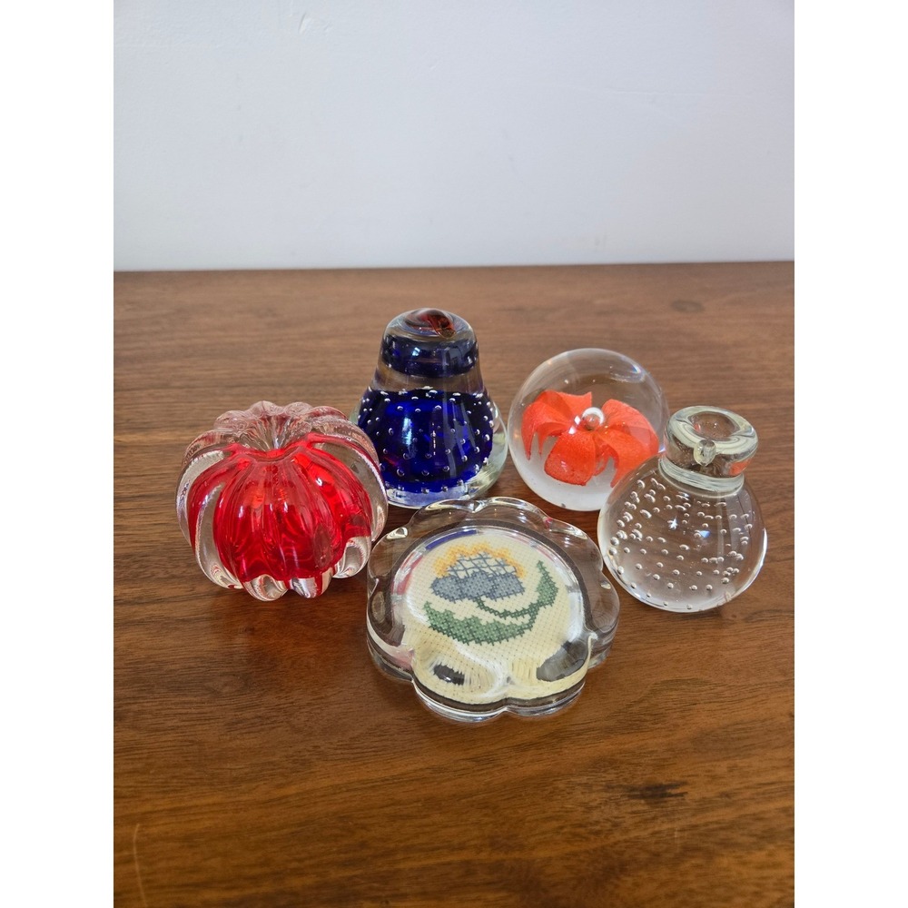 Vintage Art Glass Paperweight Lot Red Pumpkin Blue Pear Bubble Bird Flower 5pc
